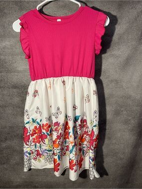 Girls Pink & White Floral Butterfly Dress SZ 12/14 Large Unbranded